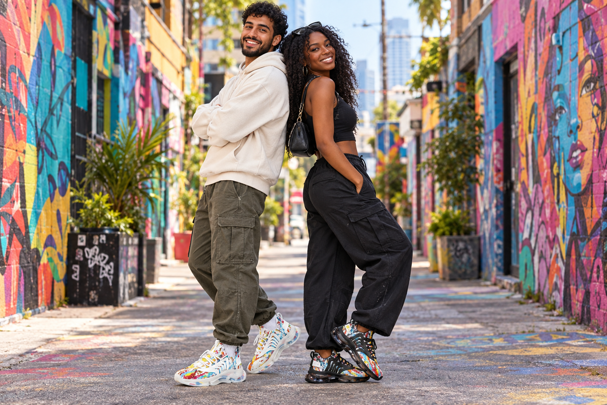 Middle Eastern man and Black woman back to back in an urban alley in the paint-splatter sneakers