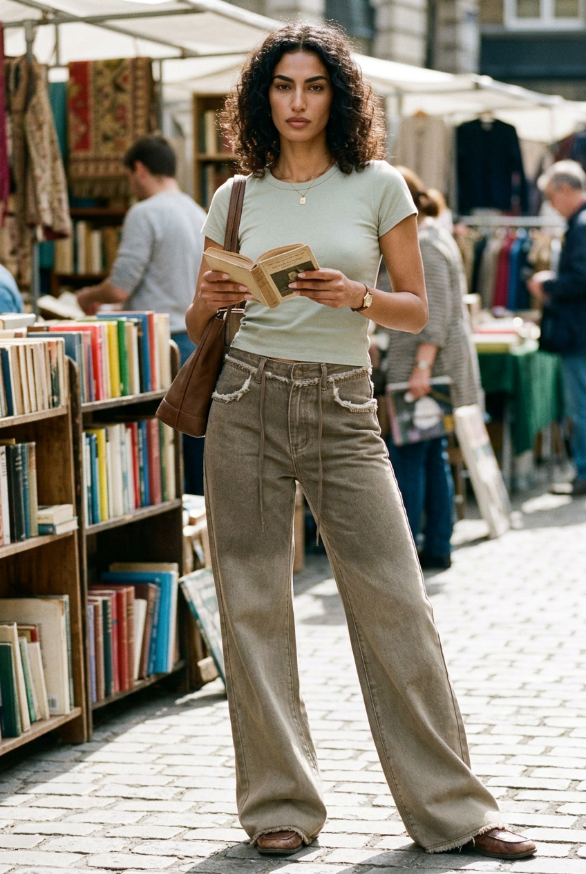 Middle Eastern model browsing an outdoor book market