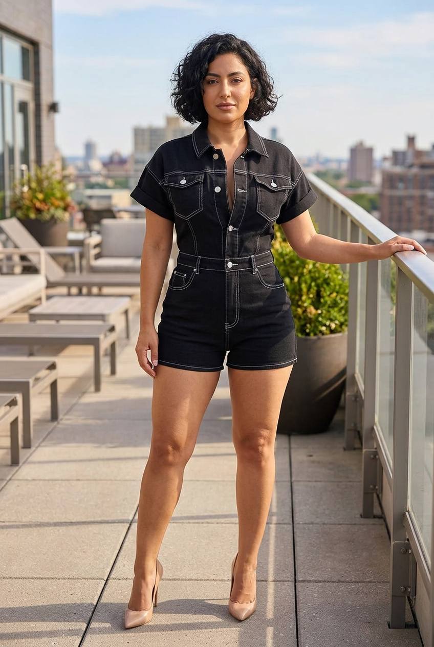 Middle Eastern model on a rooftop terrace wearing nude pumps