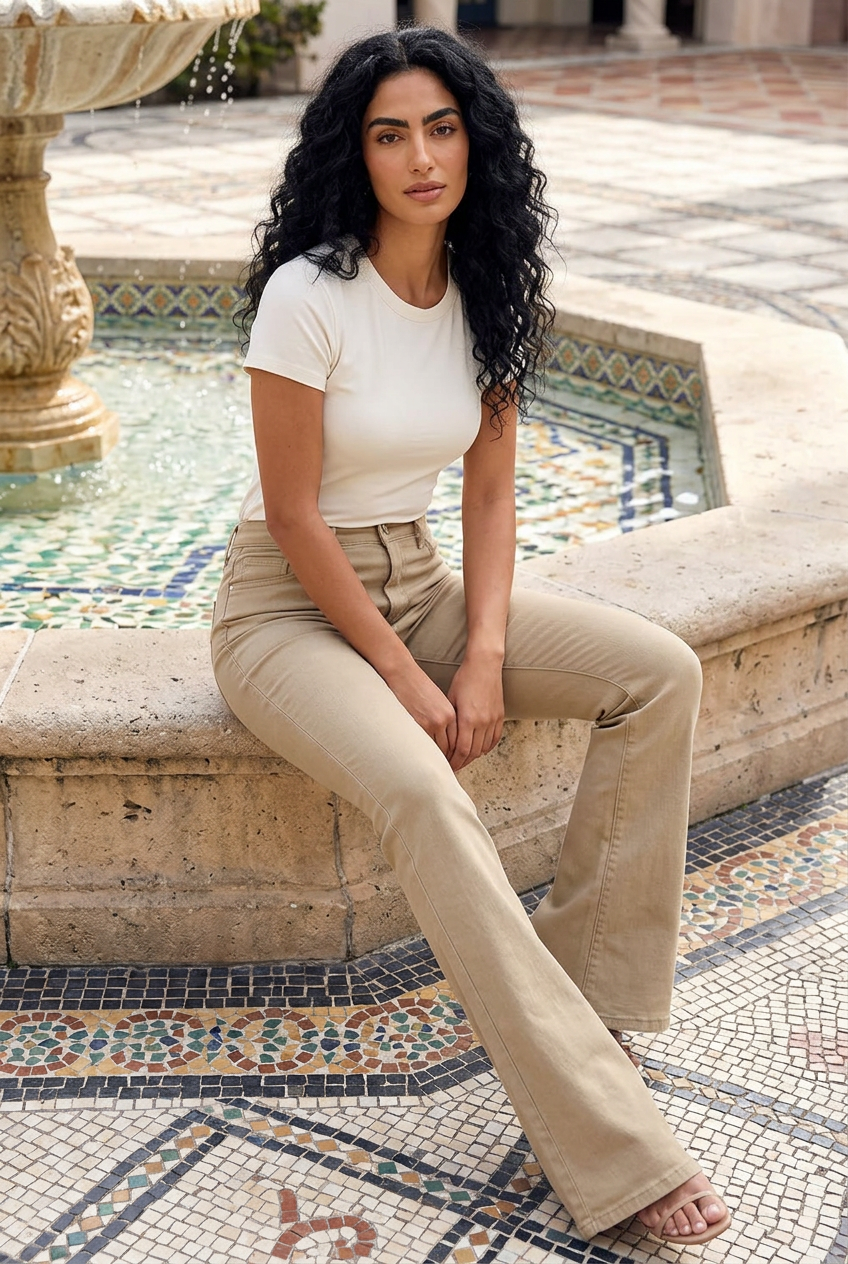 Middle Eastern model seated beside a mosaic plaza fountain