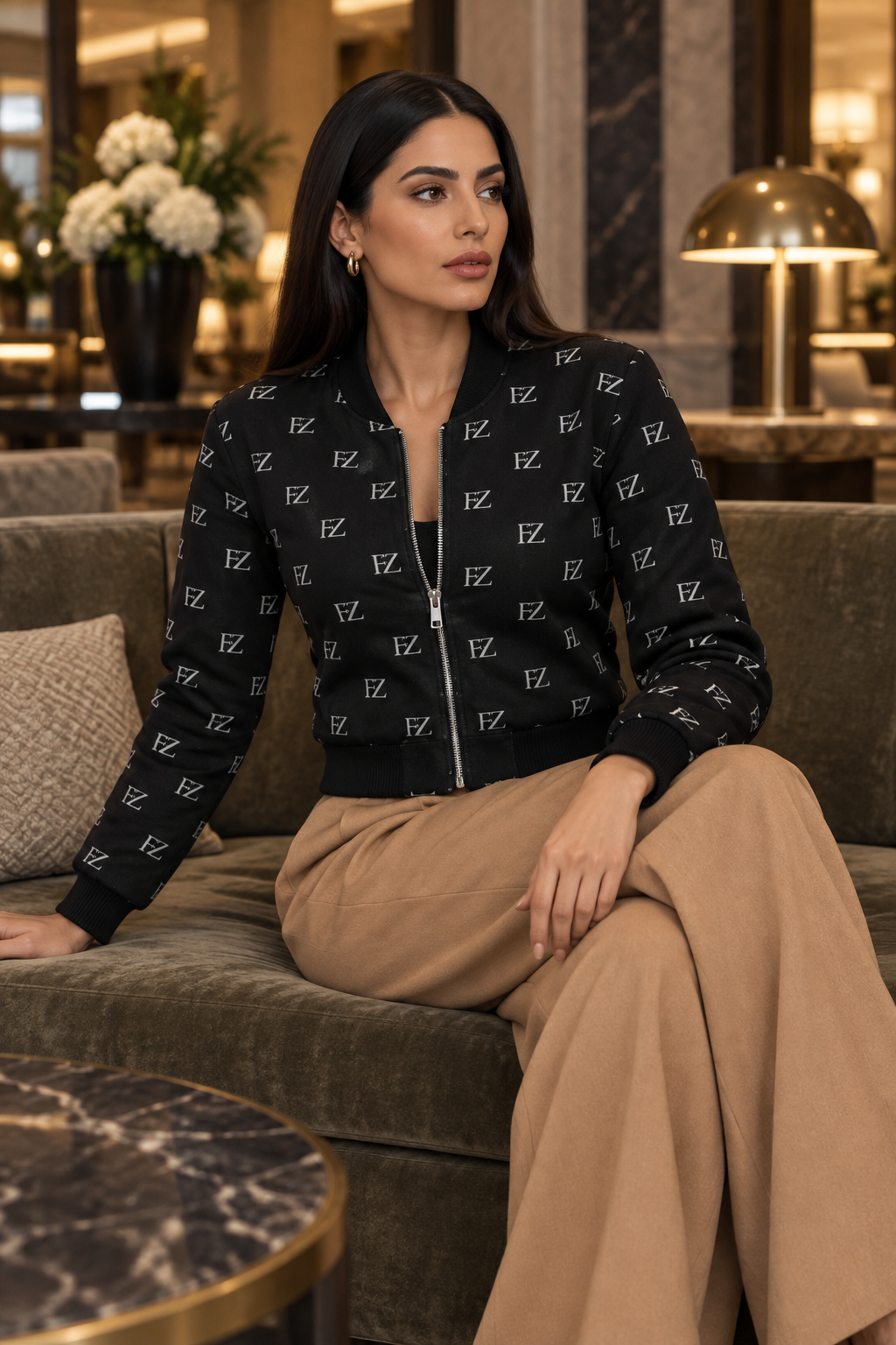 Middle Eastern woman in the women's black FZ bomber in a hotel lobby