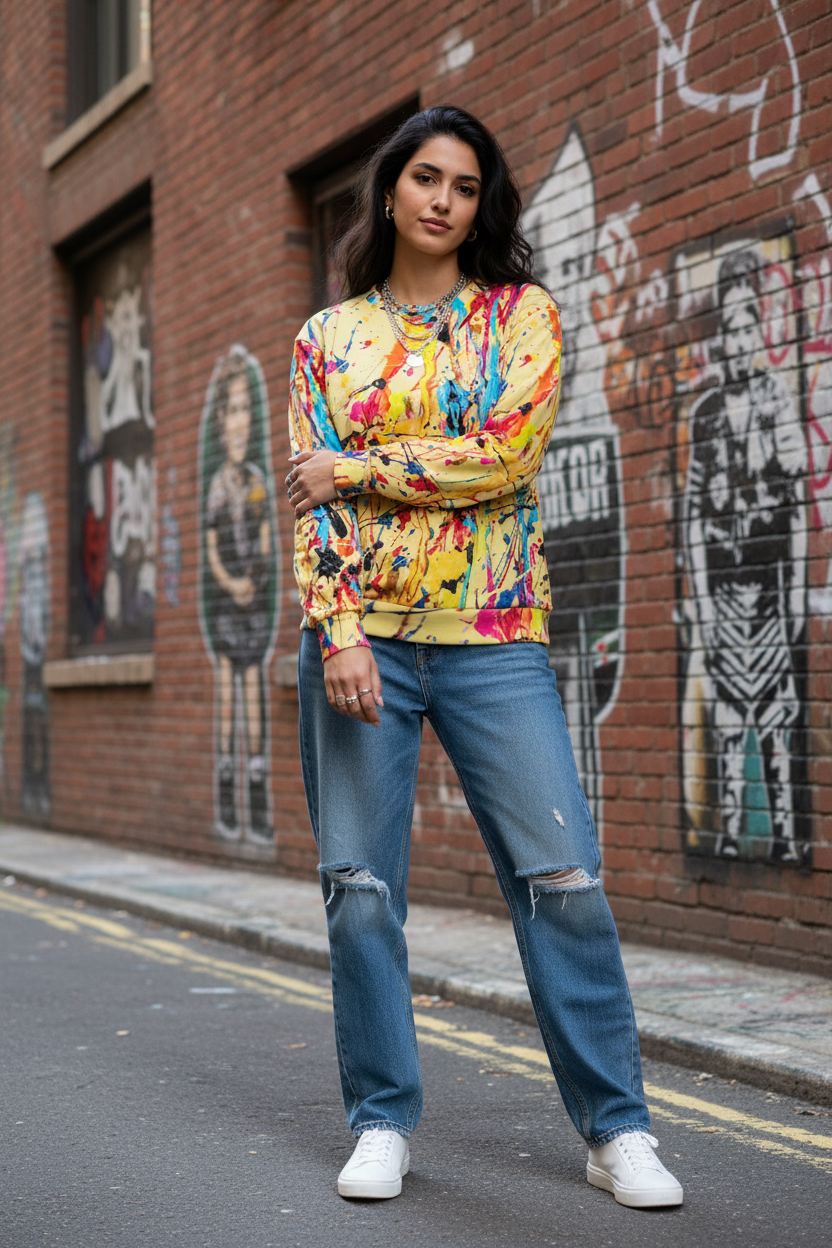 Middle Eastern woman in yellow paint splatter sweatshirt, urban setting