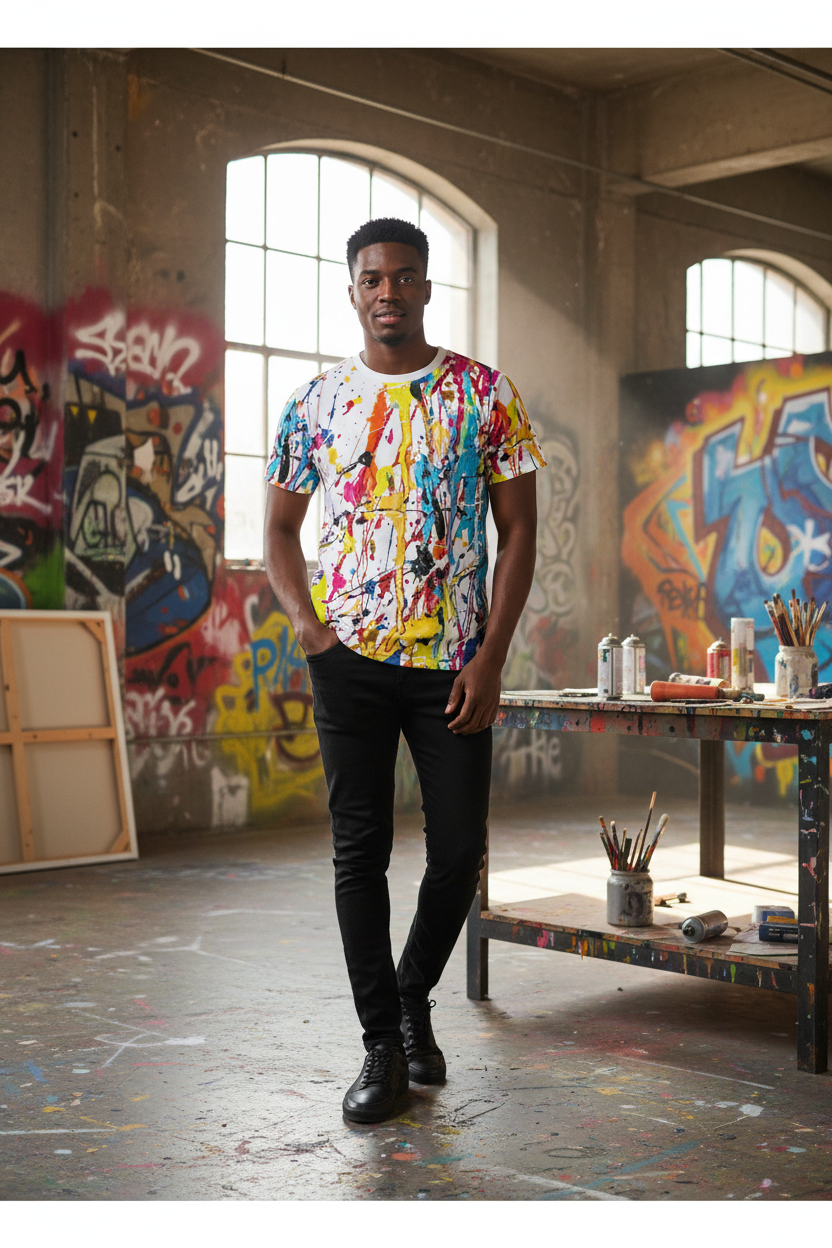 Model 1 - Black Male - Paint Splatter Tee