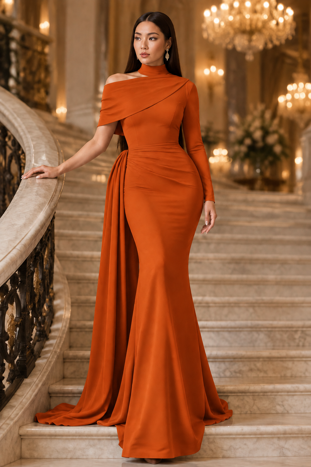 Model in the orange draped gown on a ballroom staircase