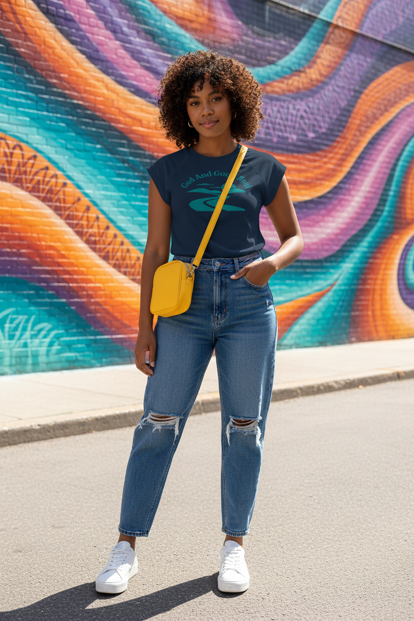 Model in urban mural setting
