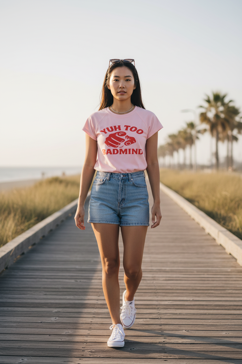Model on coastal boardwalk