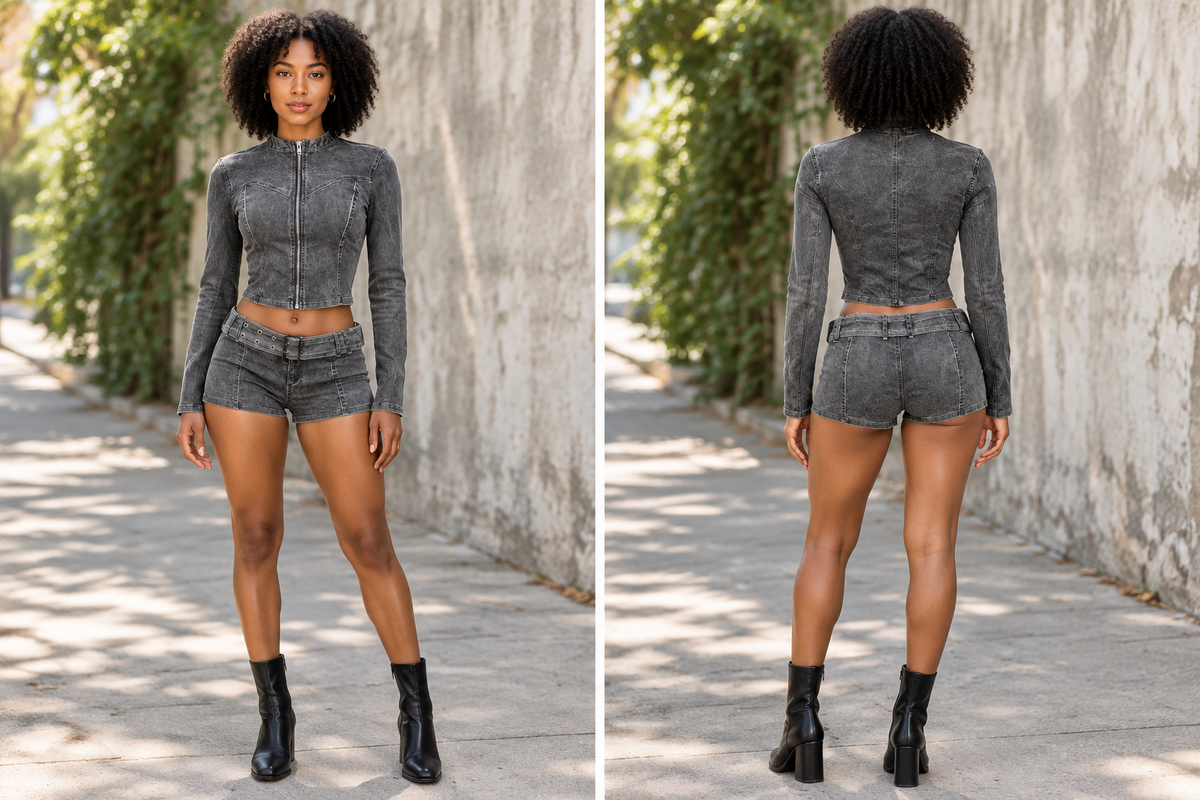 Model wearing the grey denim shorts set, front and back views