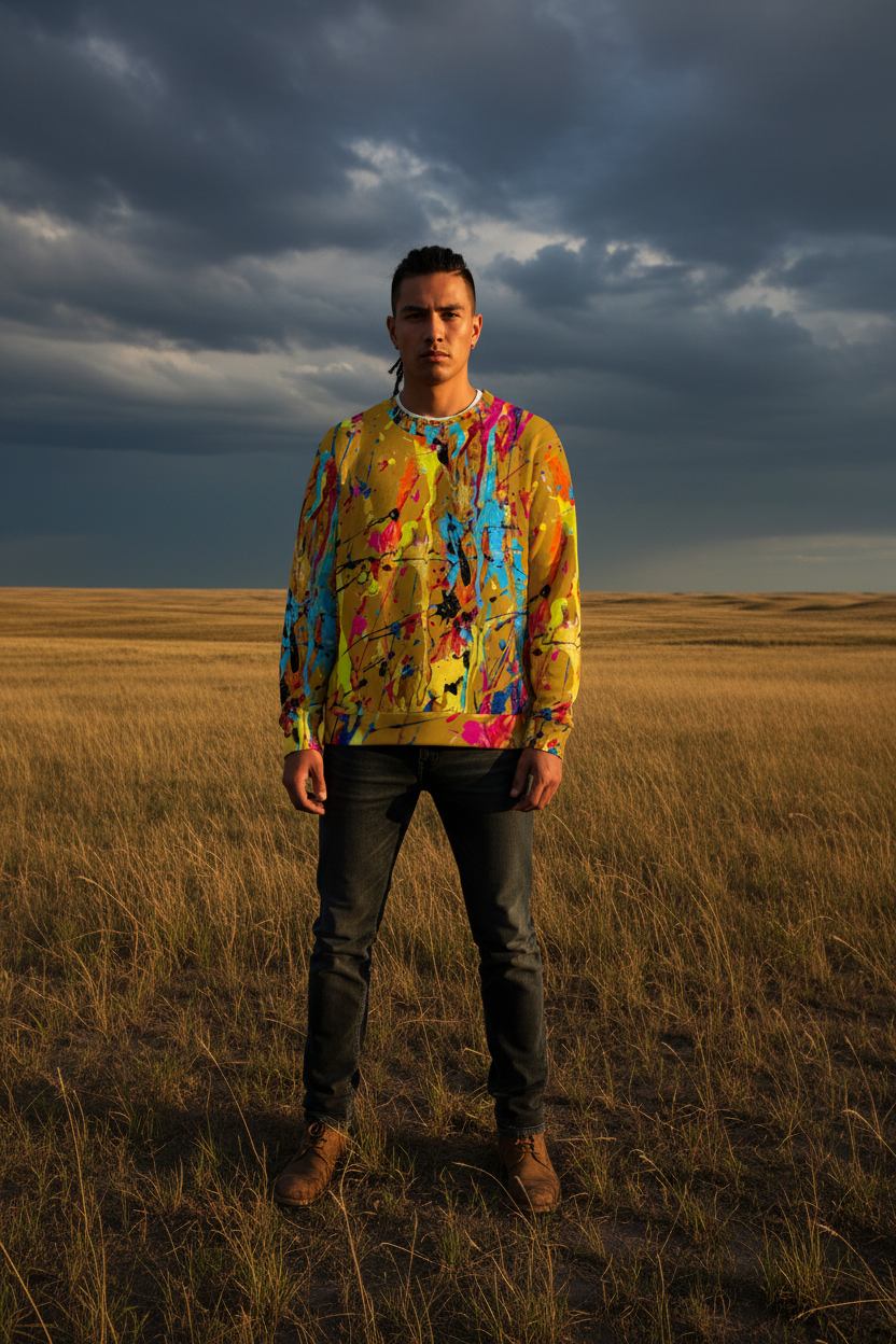 Native American man in golden mustard paint splatter sweatshirt, plains setting