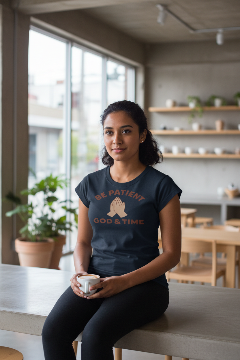 Navy tee, cafe
