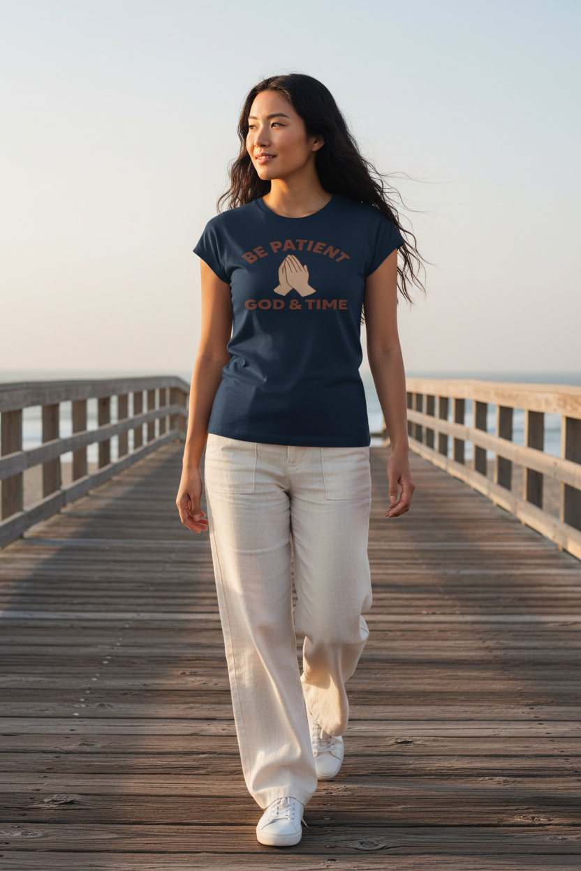 Navy tee, coastal boardwalk