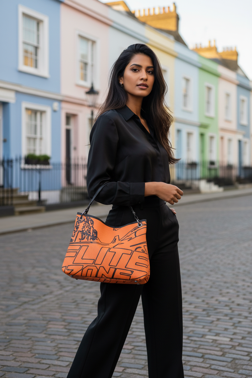 Orange handbag - South Asian woman London