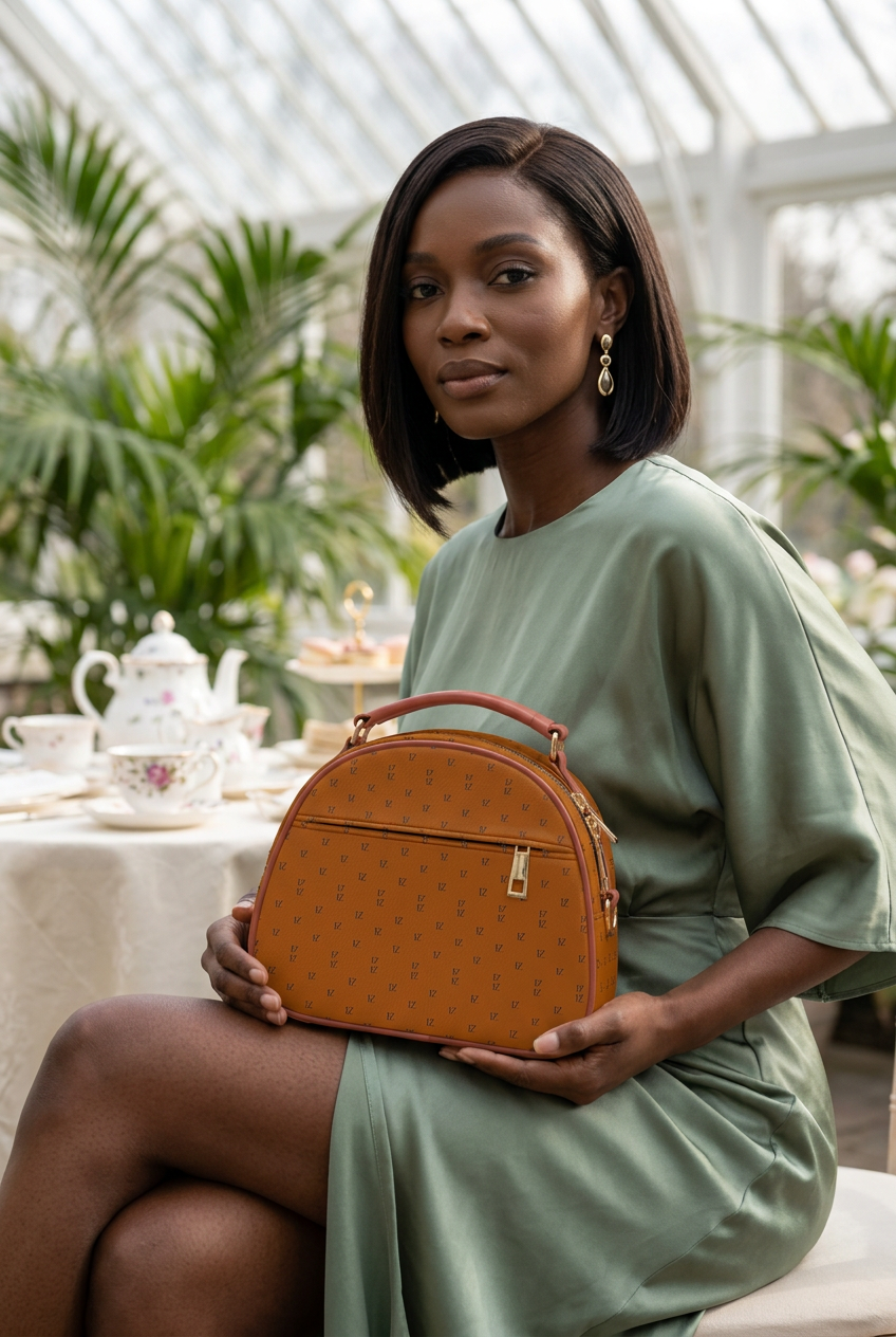 Orange-tan mini handbag at a high-tea celebration