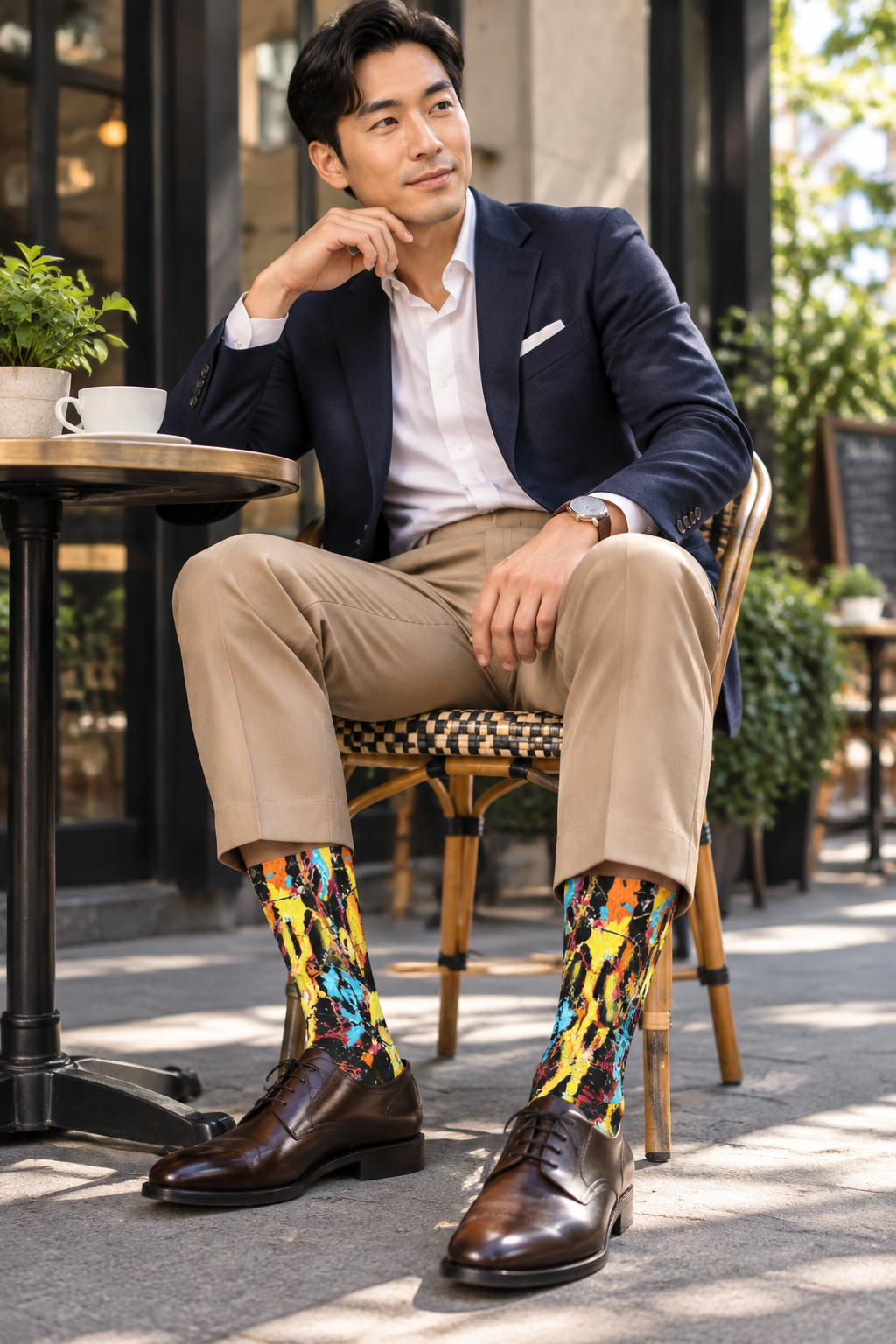 Outdoor café look with brown Derby shoes