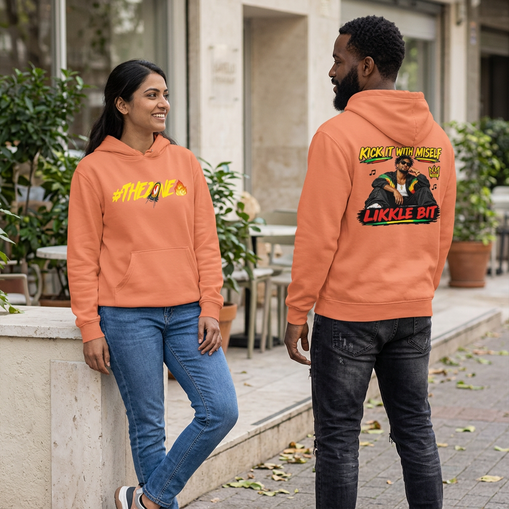 Peach hoodie lifestyle image with woman showing the front and man showing the back at a leafy café terrace