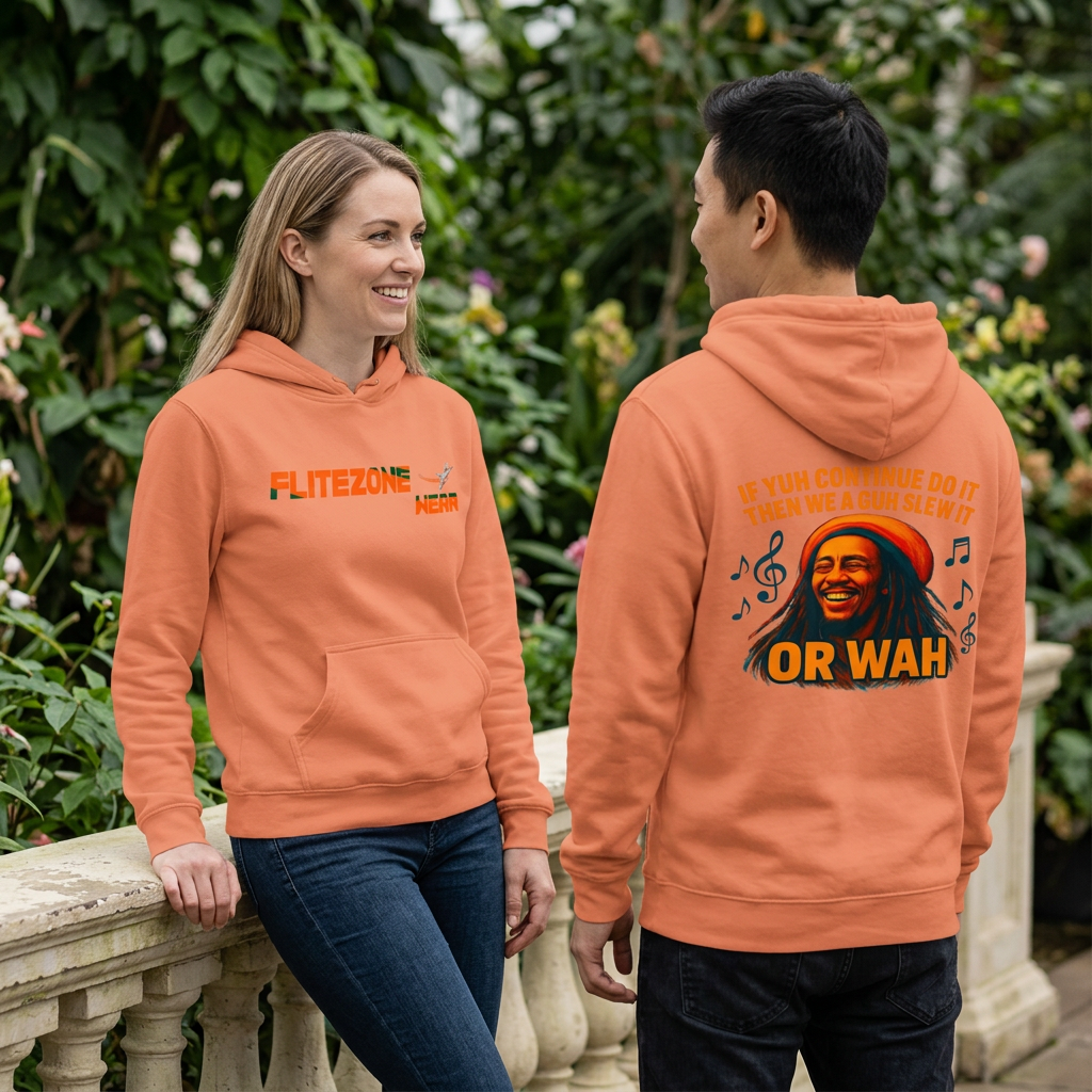 Peach hoodie lifestyle image with woman showing the front and man showing the back in a garden setting