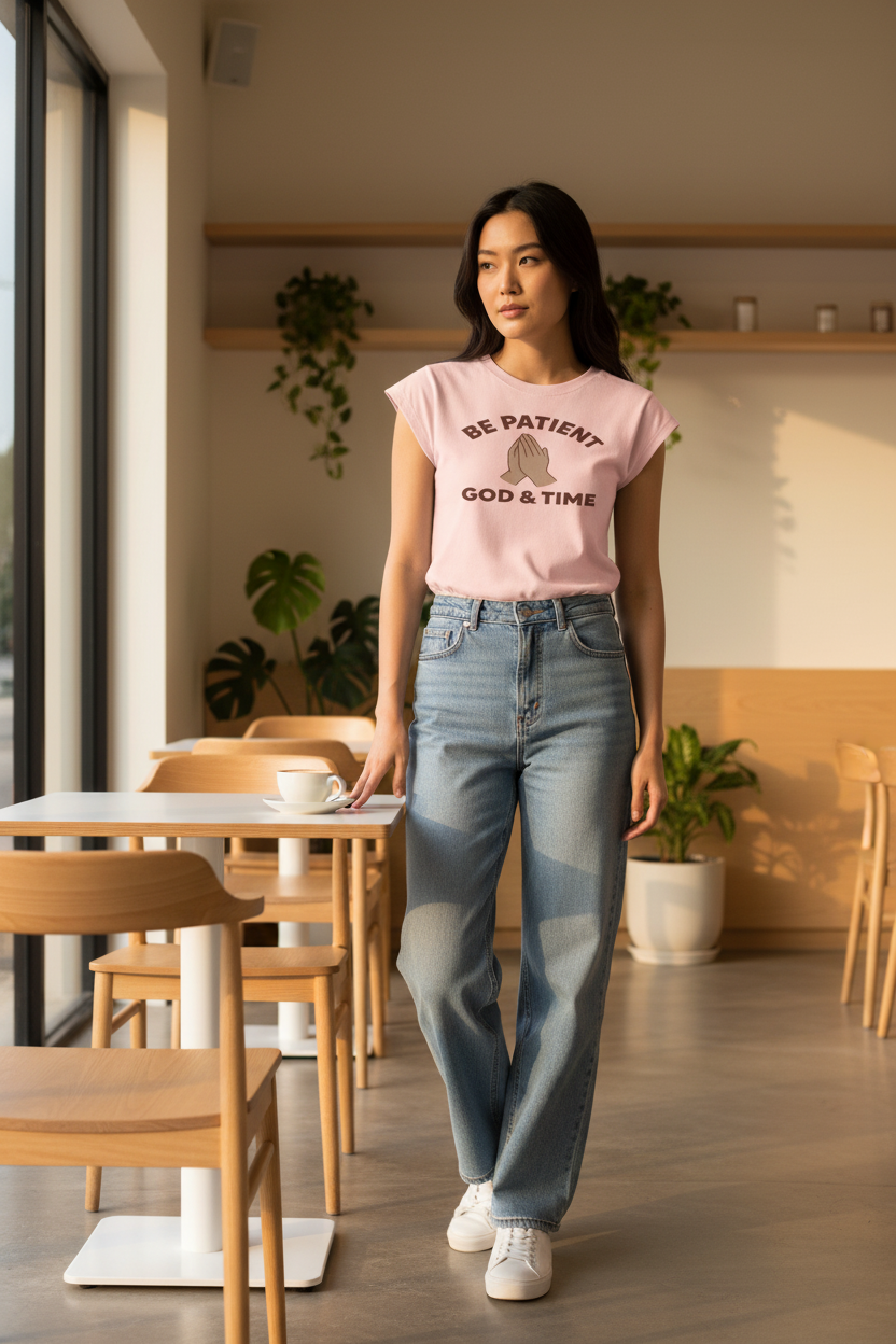 Pink tee, cafe