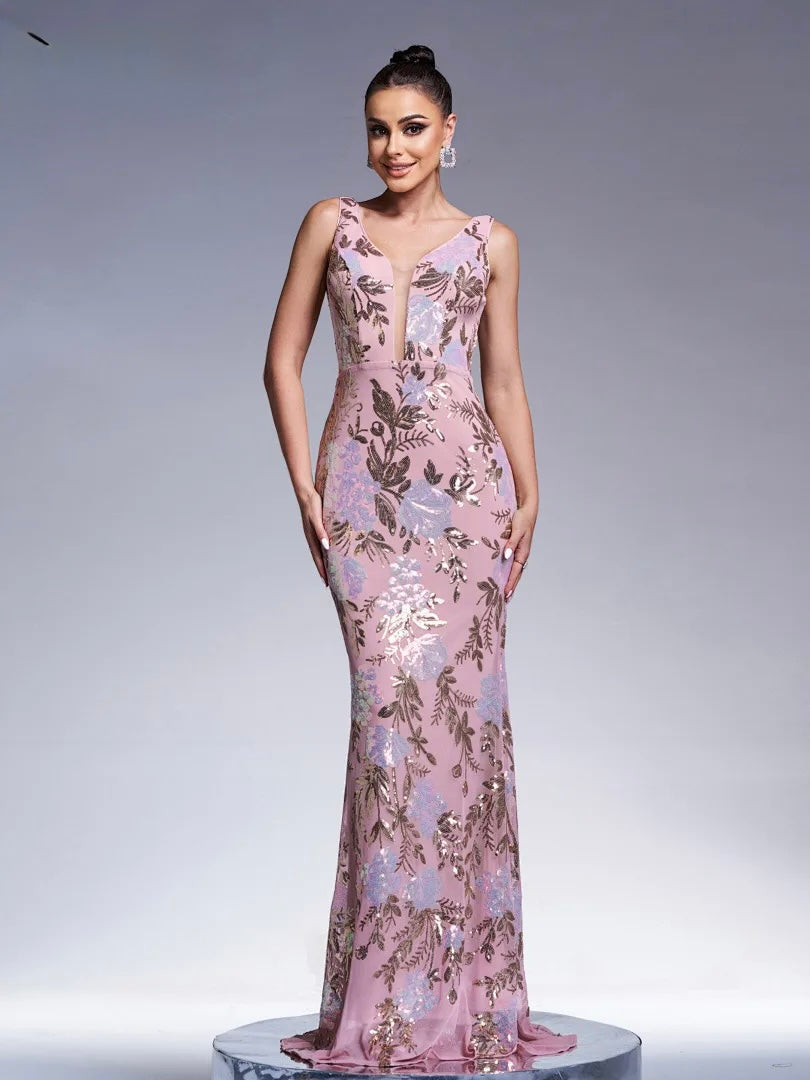 FZ Women's V Neck Sleeveless Sequin Mermaid Evening Dress