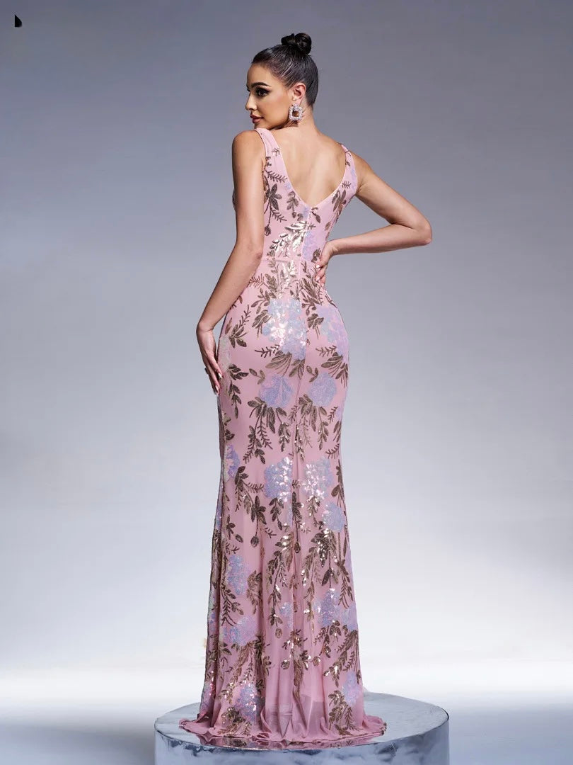 FZ Women's V Neck Sleeveless Sequin Mermaid Evening Dress