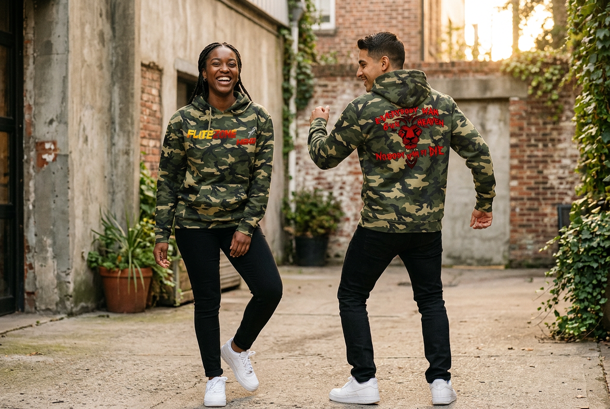 Playful male and female models showing the camouflage hoodie's front and back