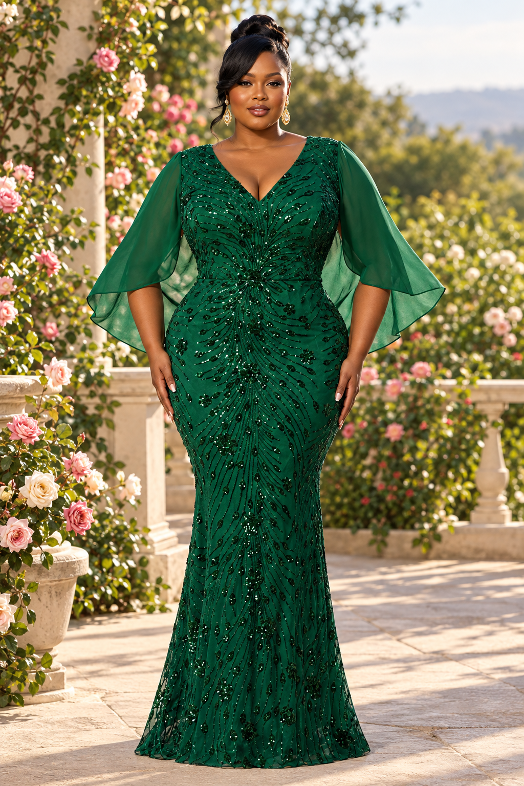 Plus-size Black model on a sunlit rose garden terrace in the emerald cape-sleeve gown
