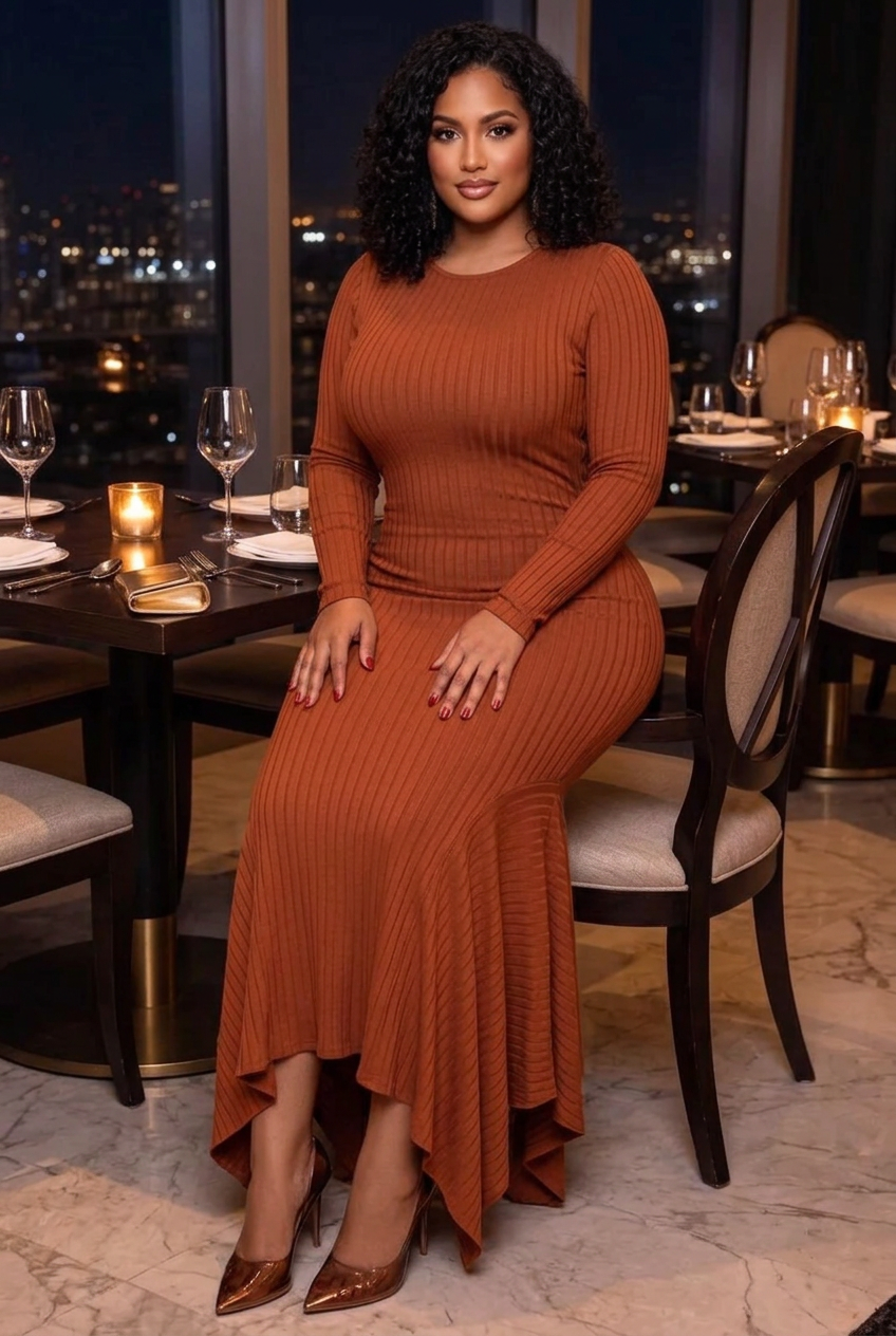 Plus-size Latina model at a candlelit dinner