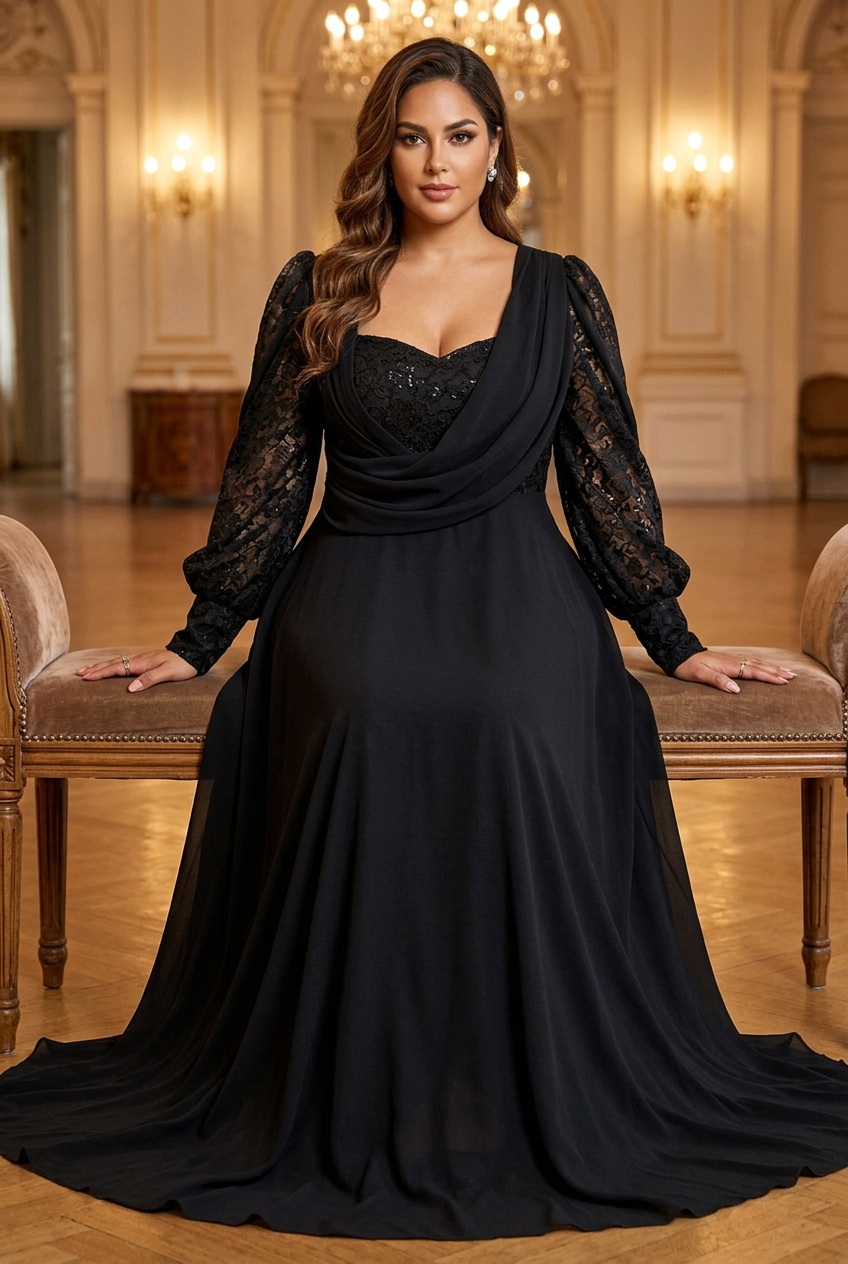 Plus-size Latina model seated in a historic ballroom