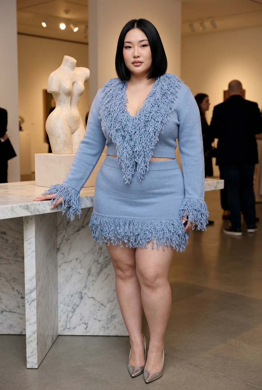 Plus-size model in blue knit suit at a gallery