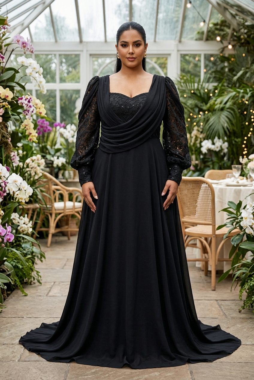 Plus-size South Asian model at a conservatory reception