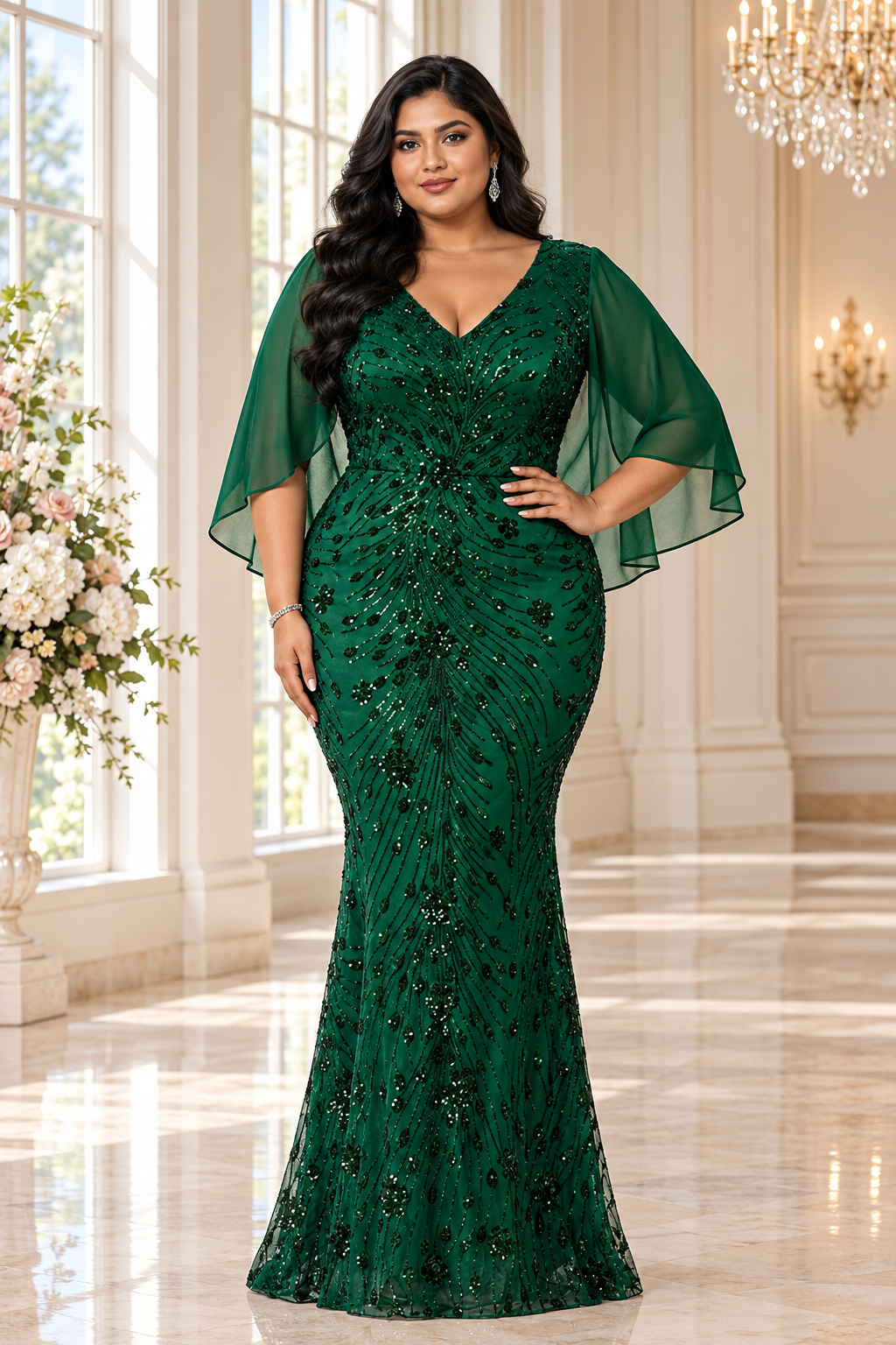 Plus-size South Asian model by tall windows in a bright ballroom in the emerald cape-sleeve gown