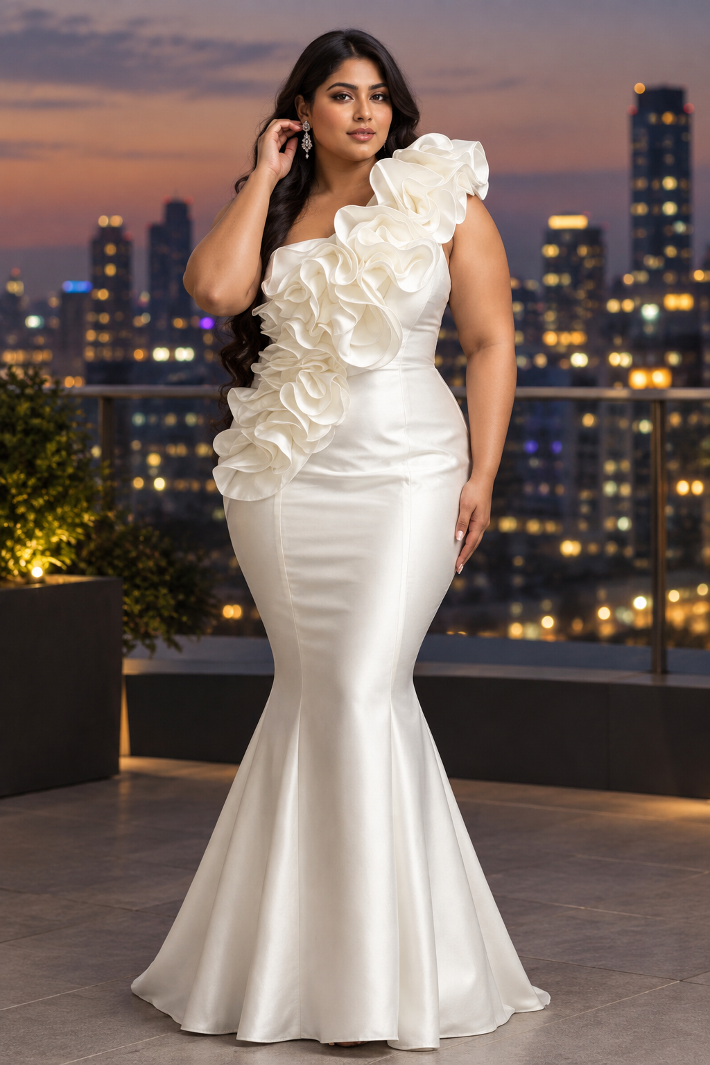 Plus-size South Asian model on a rooftop at dusk in the ivory ruffle gown