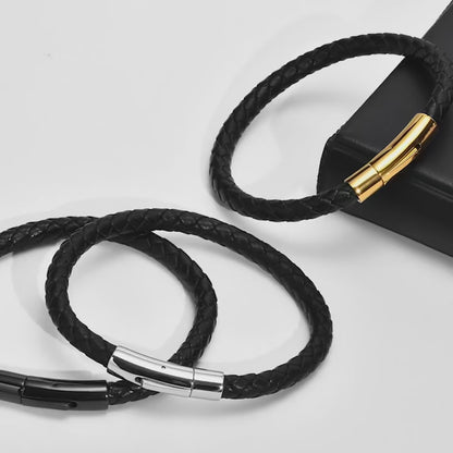 FZ Black Braided Leather Stainless Steel Metal Clasp Bracelet