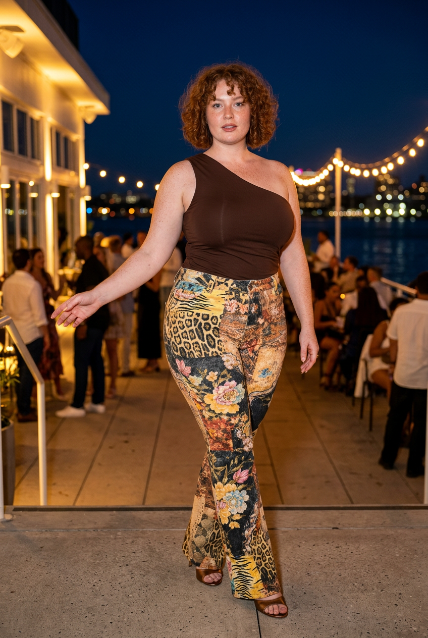 Printed denim pants with chocolate one-shoulder top