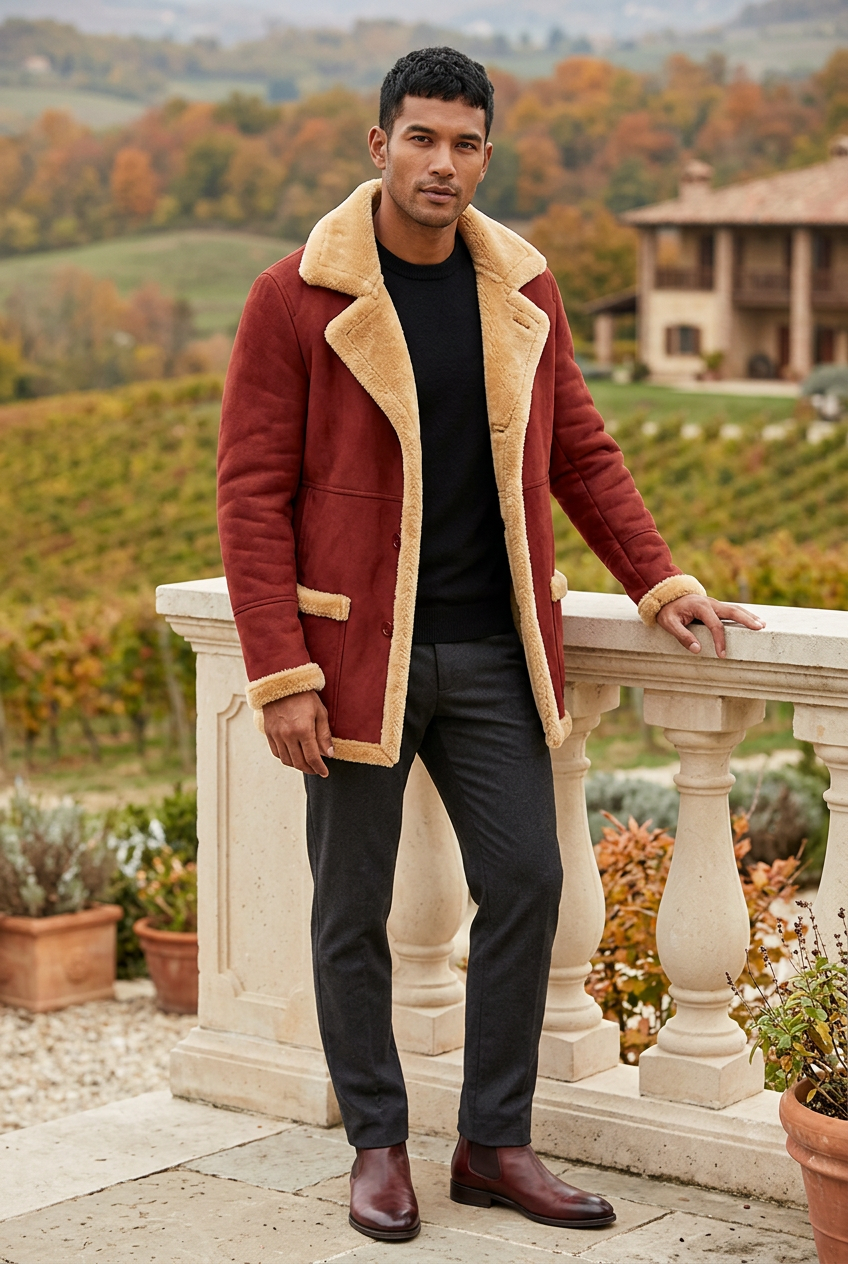 Red coat styled at a hillside vineyard guesthouse