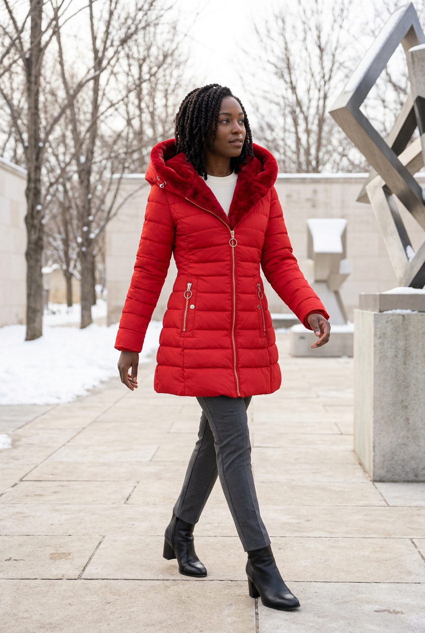 Red coat styled in a snowy sculpture park