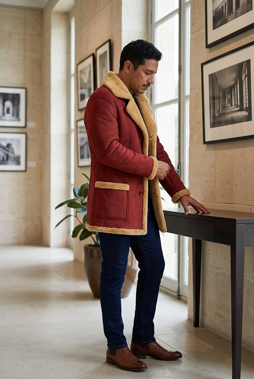 Red coat styled in an architectural photography gallery
