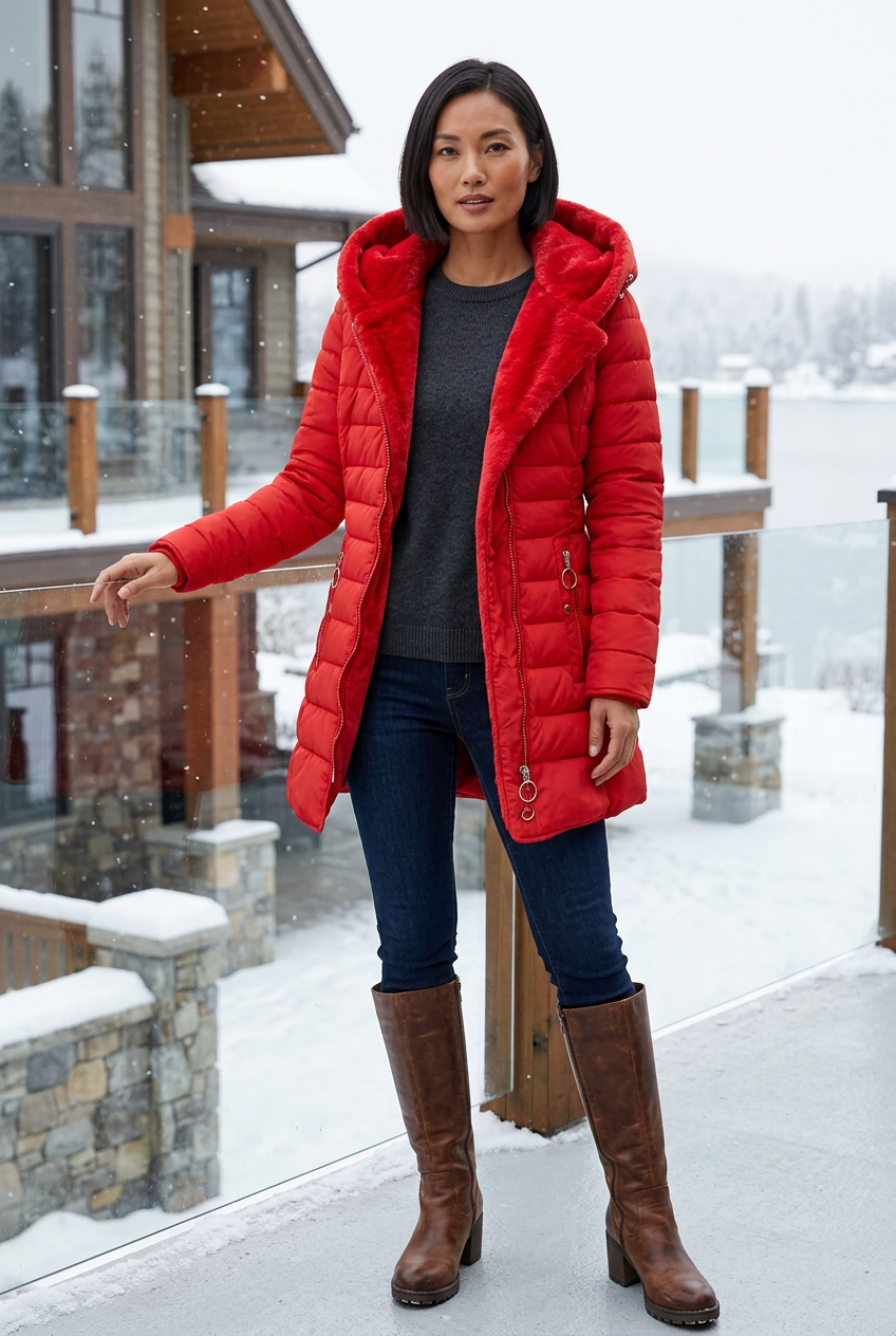 Red coat styled on a lakeside villa terrace
