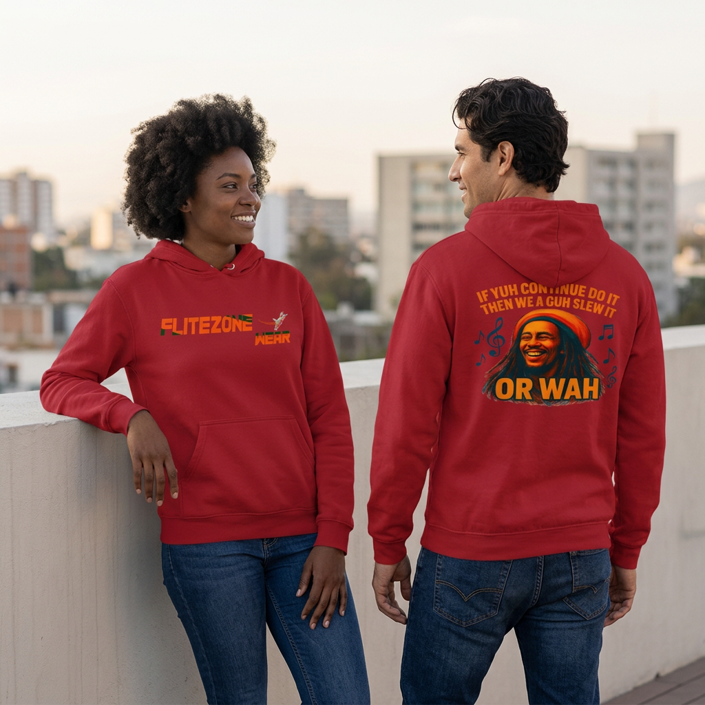 Red hoodie lifestyle photo with woman showing the front and man showing the back on a rooftop terrace