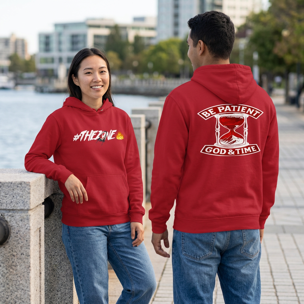 Red hoodie outdoor lifestyle image with woman showing the front and man showing the back beside the waterfront