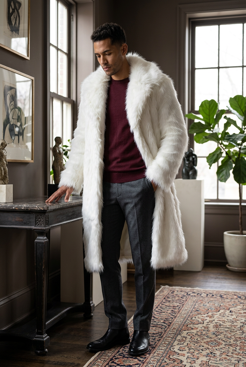 Replacement white-coat look in an art salon
