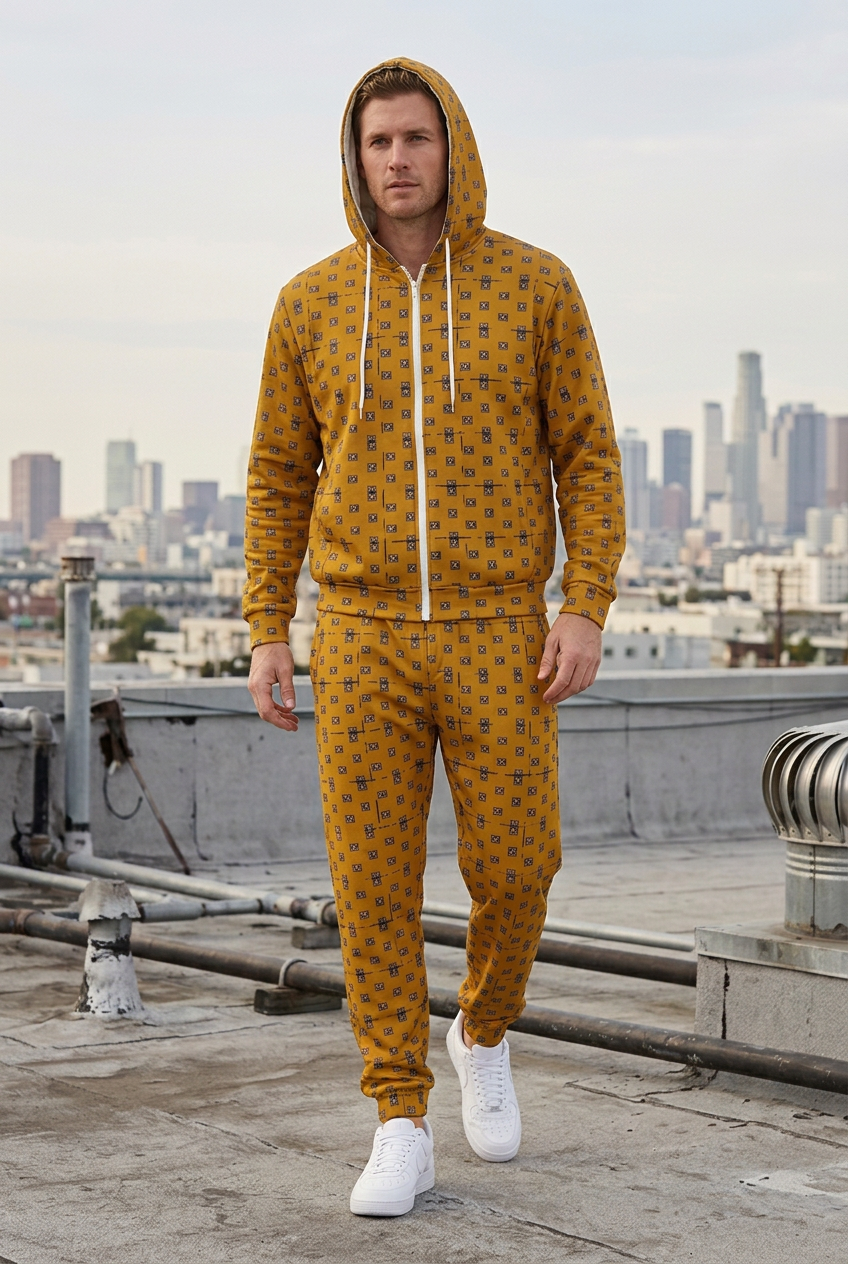 Rooftop model walking naturally with hood up