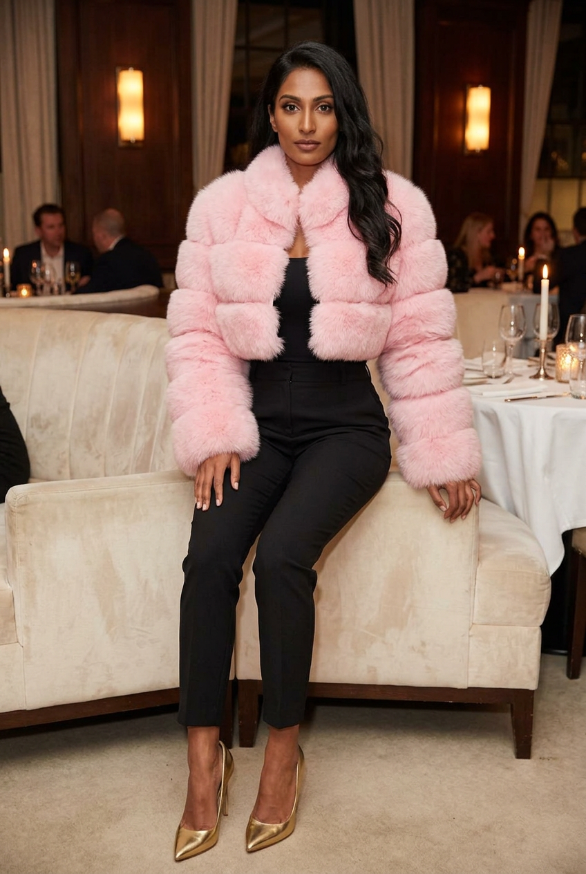 Short pink fur coat at a candlelit dinner
