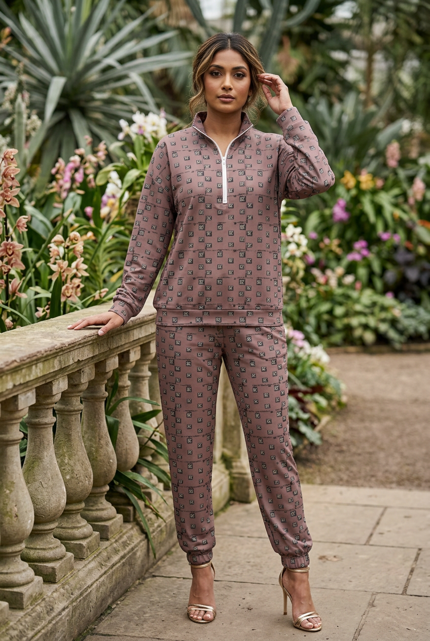 South Asian female model standing beside a garden railing in gold heels