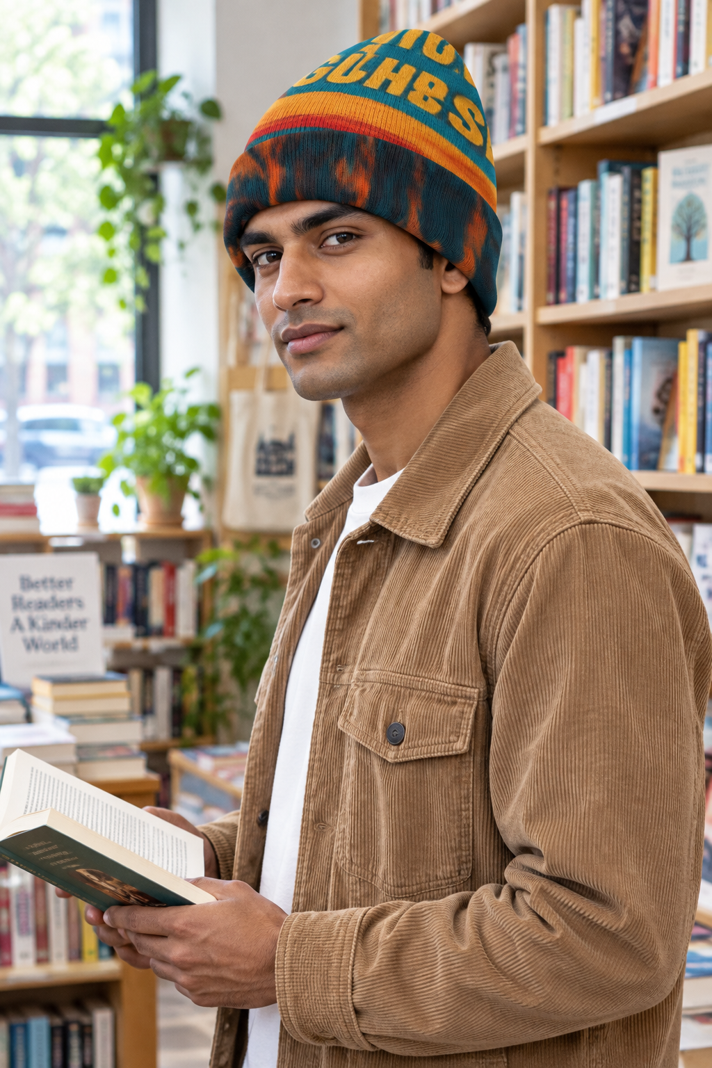 South Asian male model holding a book in a bookstore wearing the beanie