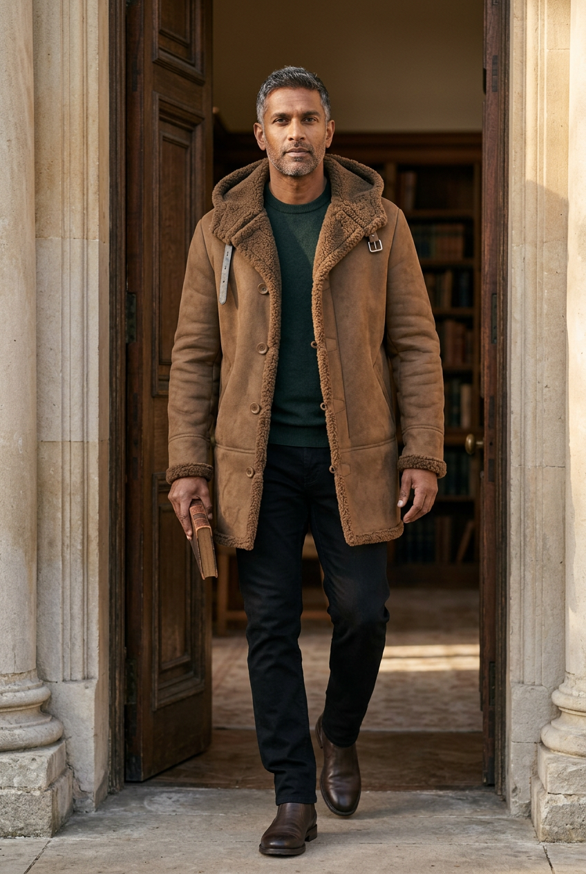 South Asian male model walking out of a historic library