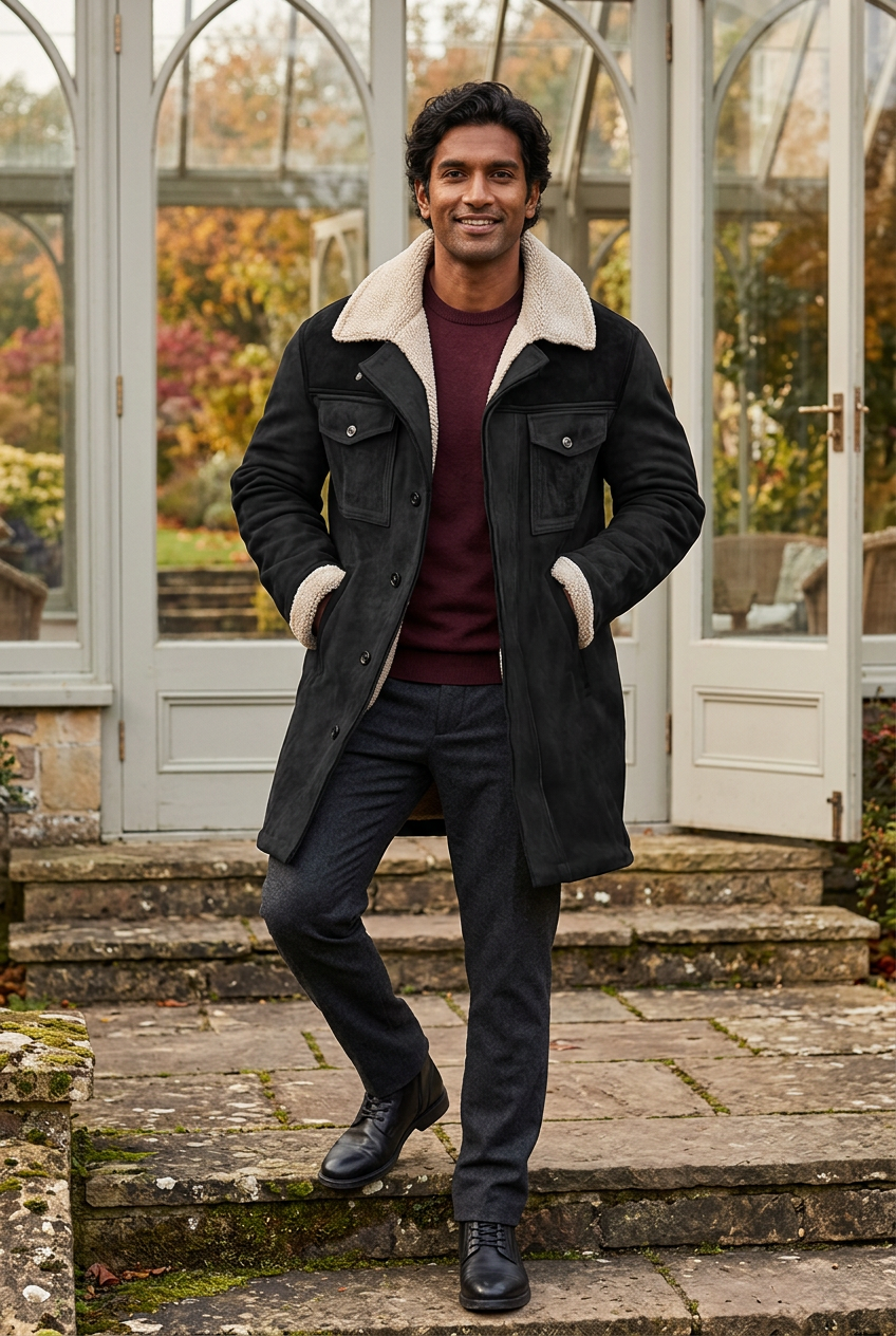 South Asian male model wearing the black cream-trim coat outside a countryside conservatory