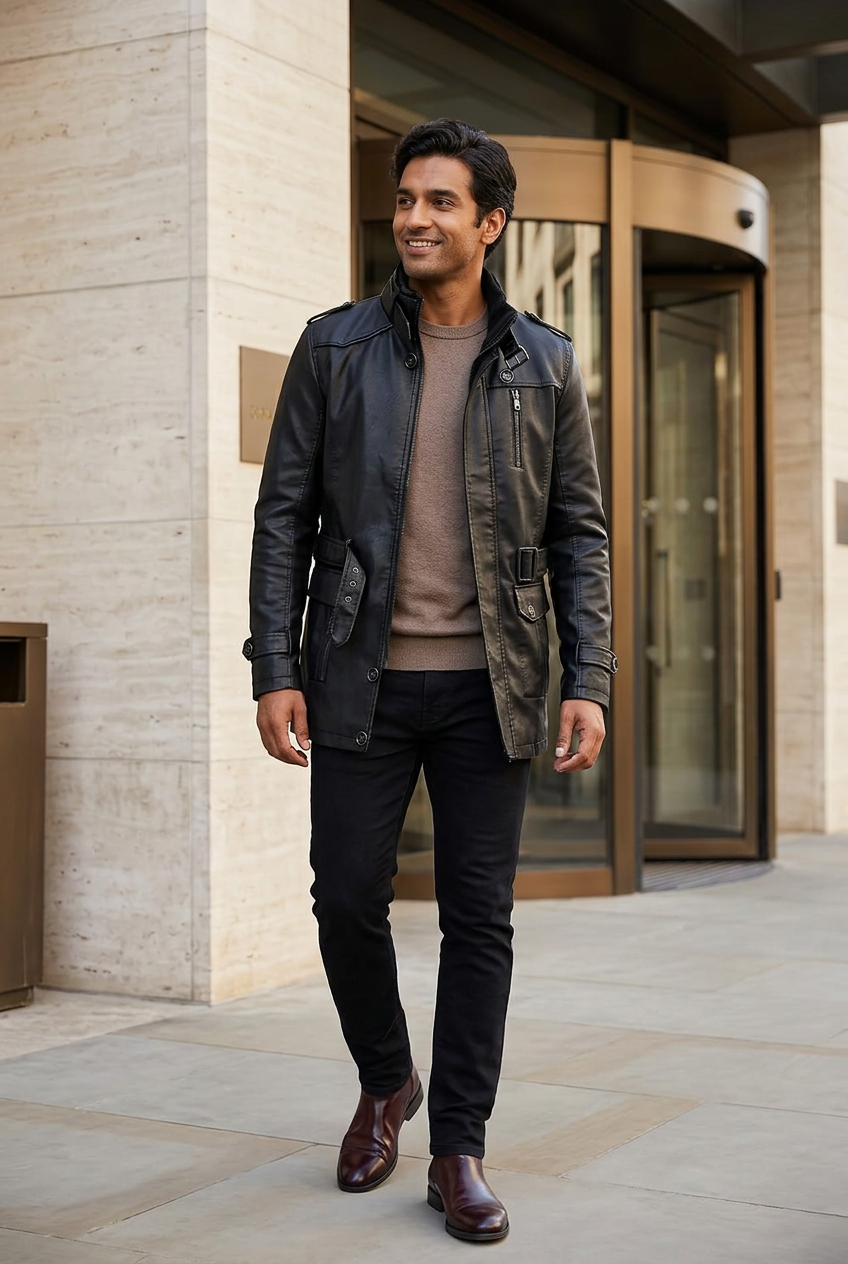 South Asian male model wearing the black PU leather jacket outside a boutique hotel