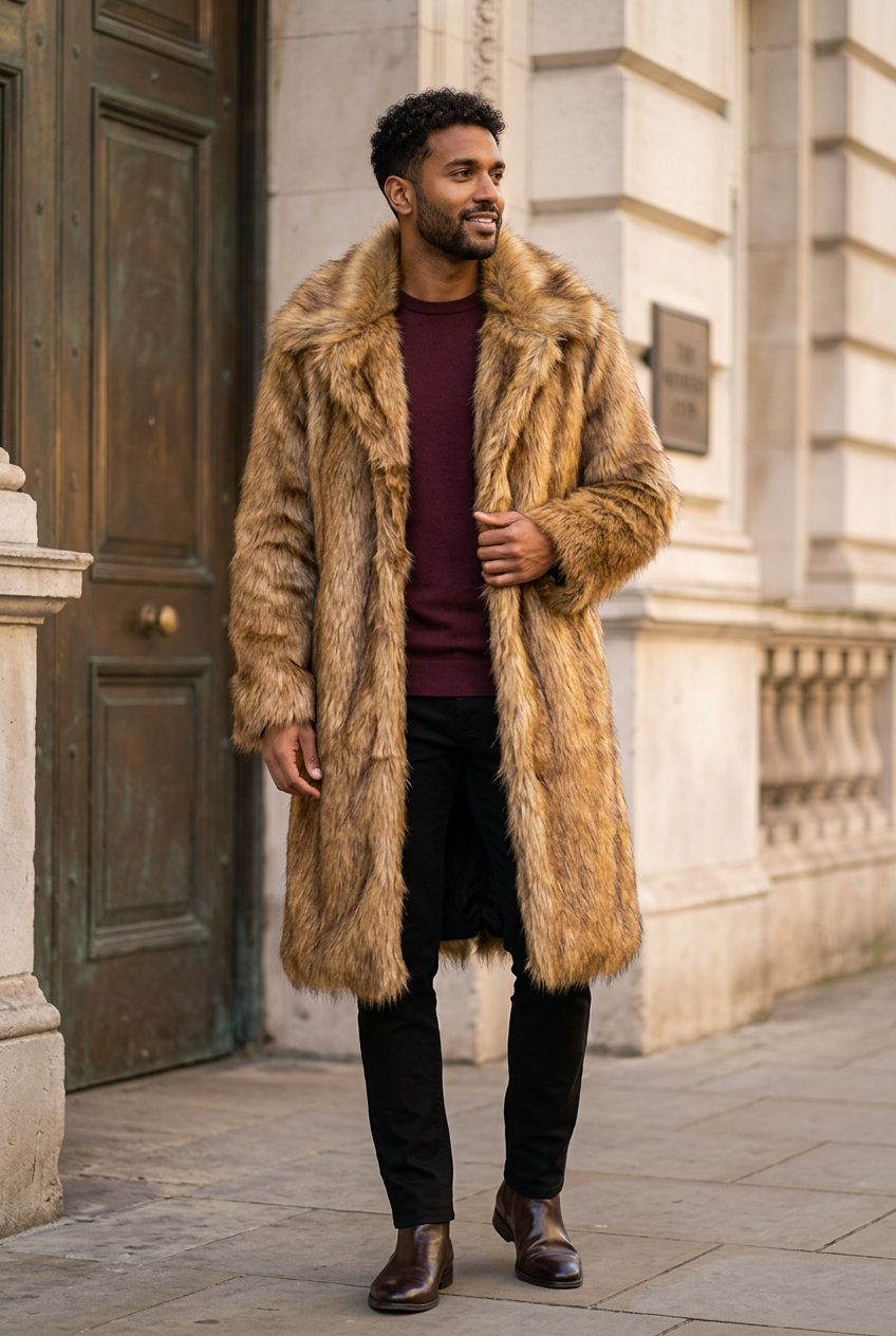 South Asian male model wearing the golden-brown coat outside a historic members’ club