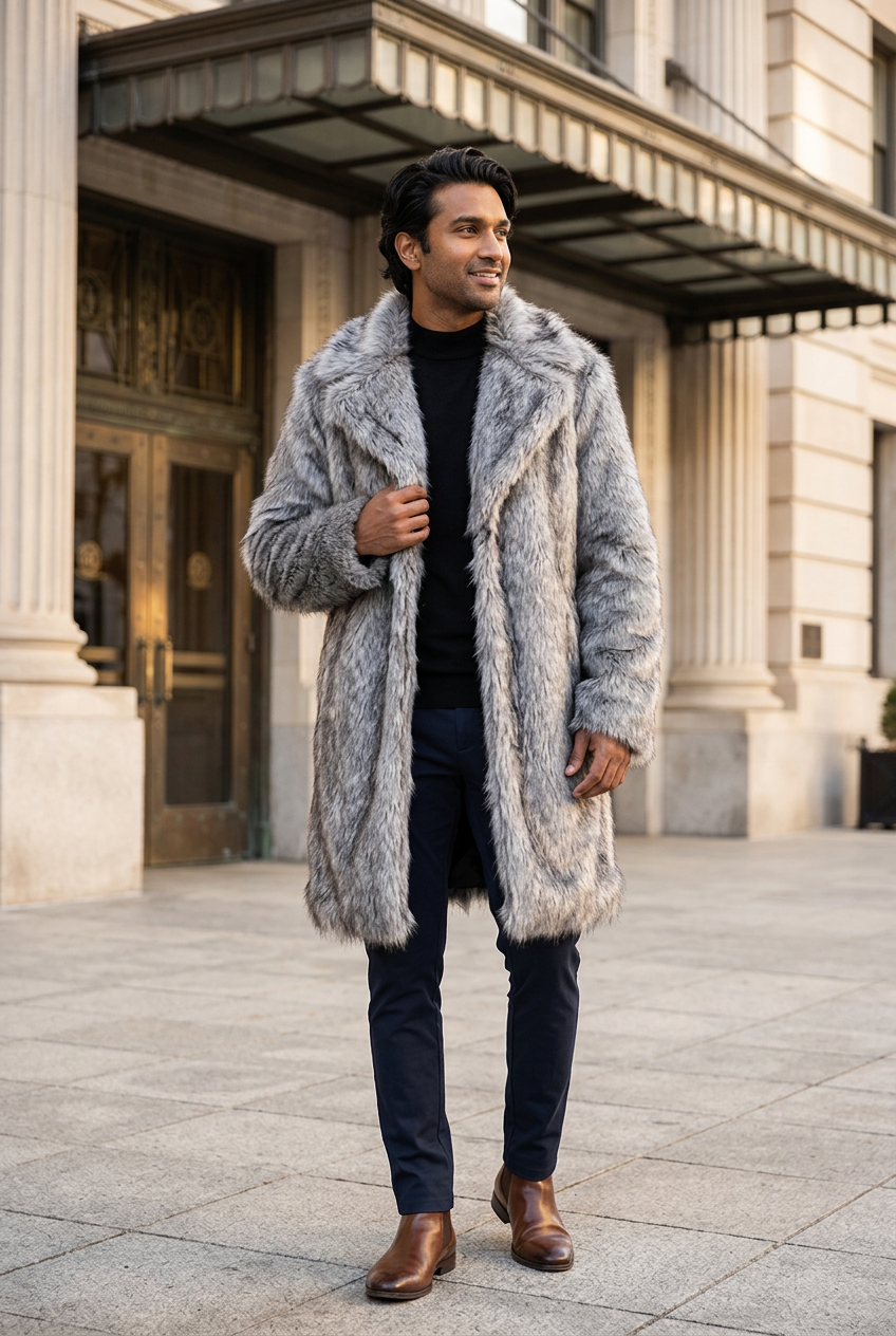 South Asian male model wearing the silver-gray coat outside a historic hotel