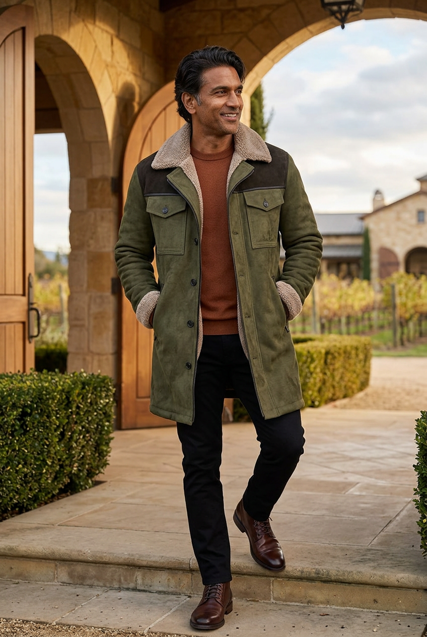 South Asian male model wearing the two-tone olive coat outside a countryside winery