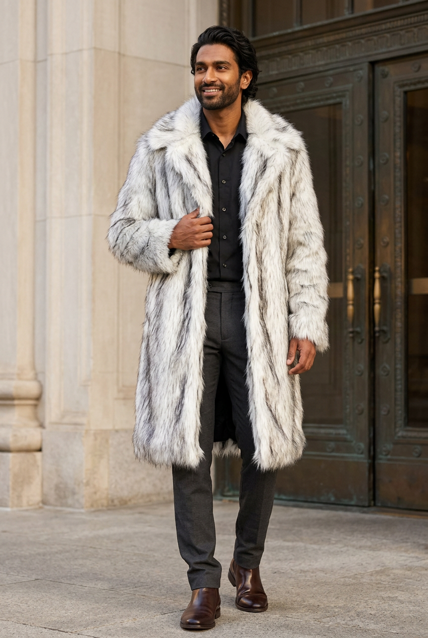 South Asian male model wearing the white-and-gray streaked coat outside an opera house